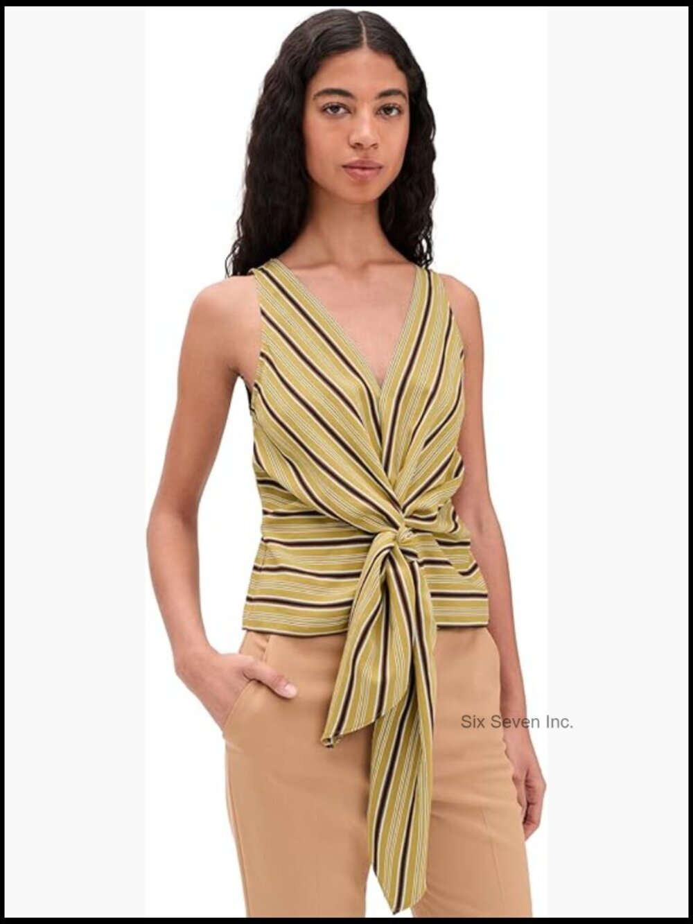 Sleeveless V-Neck Stripe Top with Front Tie